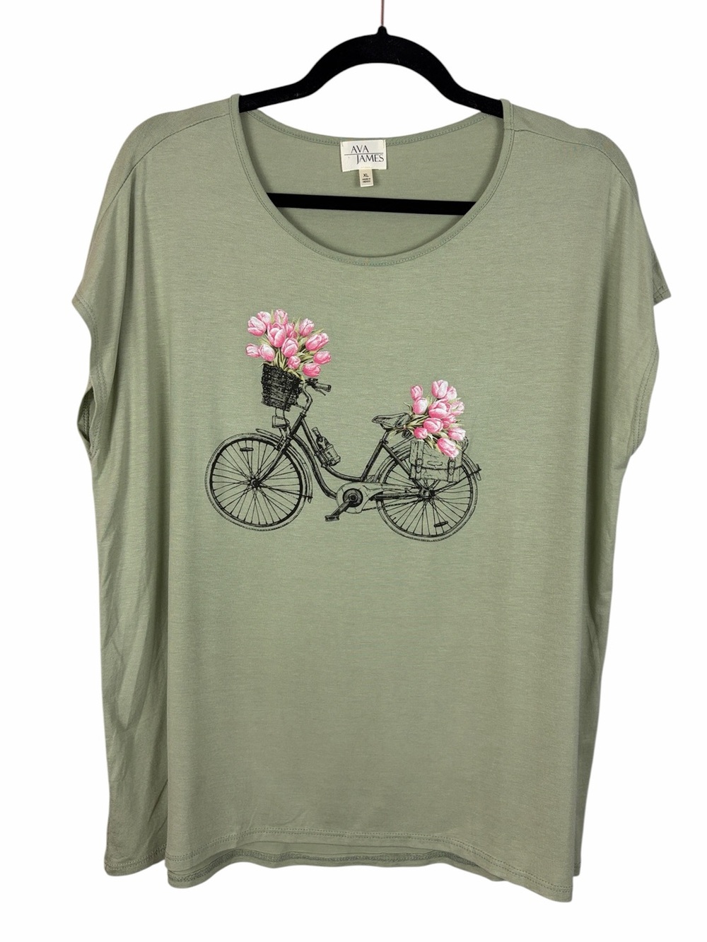 Ava James XL Sage Green Bicycle Tulip Graphic Tee Cottagecore Floral Top